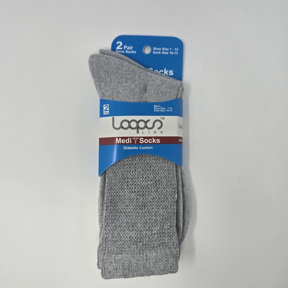 Loopus Link Medi Socks 2 Pair Mens Grey Diabetic Comfort Crew Socks Size 10-13